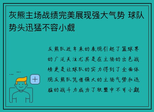 灰熊主场战绩完美展现强大气势 球队势头迅猛不容小觑