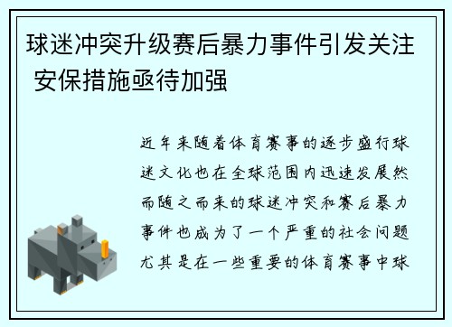 球迷冲突升级赛后暴力事件引发关注 安保措施亟待加强