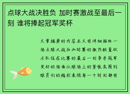 点球大战决胜负 加时赛激战至最后一刻 谁将捧起冠军奖杯